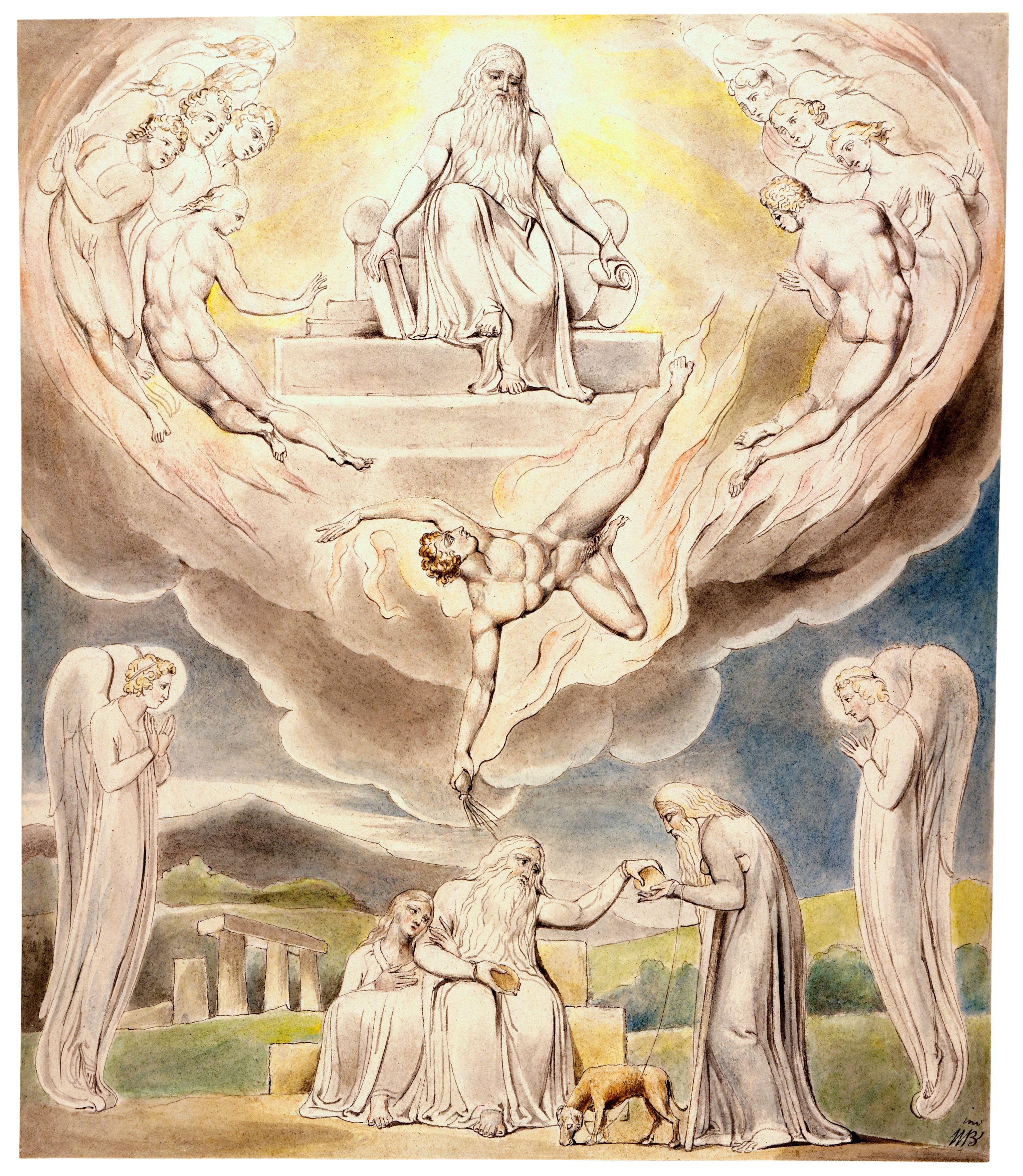 上图：英国诗人、画家威廉·布莱克（William Blake，1757-1827年）的版画《撒但从耶和华面前退去和约伯的慈善 Satan Going Forth from the Presence of the Lord and Job's Charity》，描绘「于是撒但从耶和华面前退去」（伯二7）。
