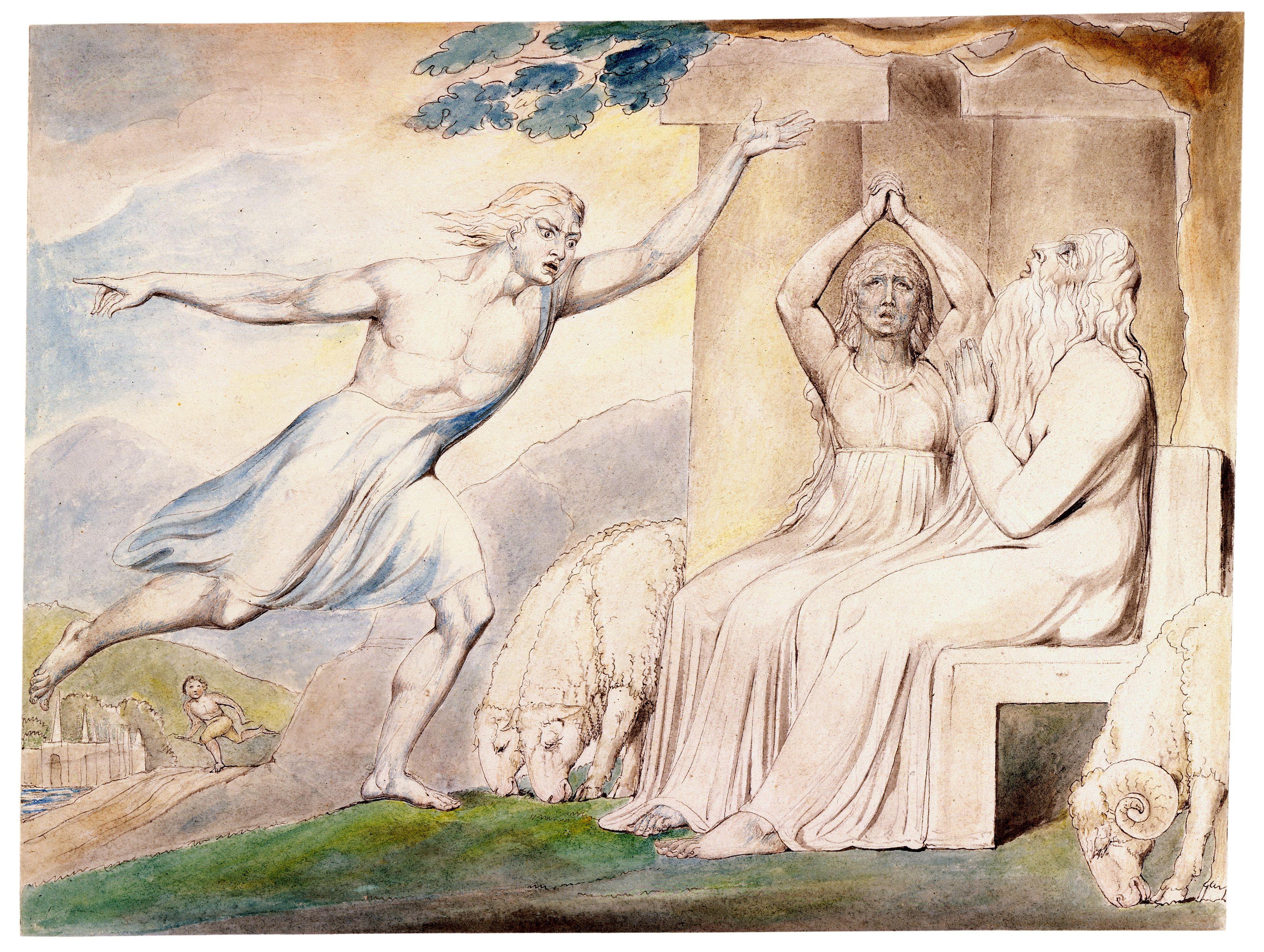 上图：英国诗人、画家威廉·布莱克（William Blake，1757-1827年）的版画《信使向约伯报告他的不幸 The Messengers Tell Job of His Misfortunes》，描绘「惟有我一人逃脱，来报信给你」（伯一15）。
