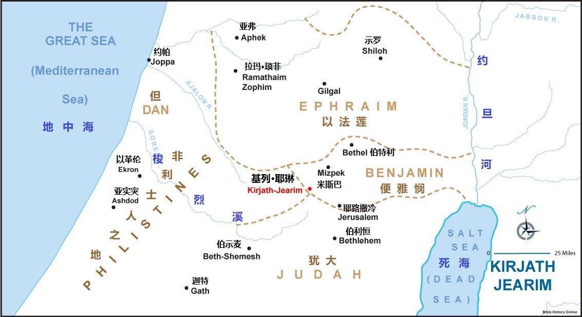 上图：基列·耶琳位于犹大、便雅悯和但支派的交界之处，离米斯巴很近。