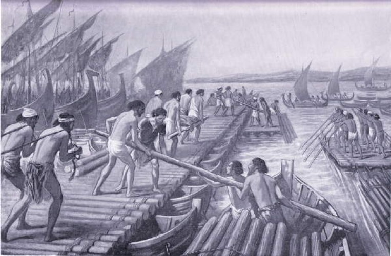 上图:主前480年,波斯王薛西斯一世第二次入侵希腊,腓尼基人为波斯军队建造渡海浮桥。主前539年波斯王古列征服巴比伦以后,腓尼基人务实地向波斯臣服,被划分为四个藩属国:西顿、推罗、阿瓦德(Arwad)和比布鲁斯(Byblos),当地的腓尼基王被允许自治、世袭和铸币。而腓尼基人也不负所望地为波斯帝国作出了重要贡献,在希波战争期间为波斯海军提供了大部分船只和水手,并且修建了薛西斯运河(Xerxes Canal)和跨海浮桥,帮助波斯陆军跨越海峡进入希腊大陆。